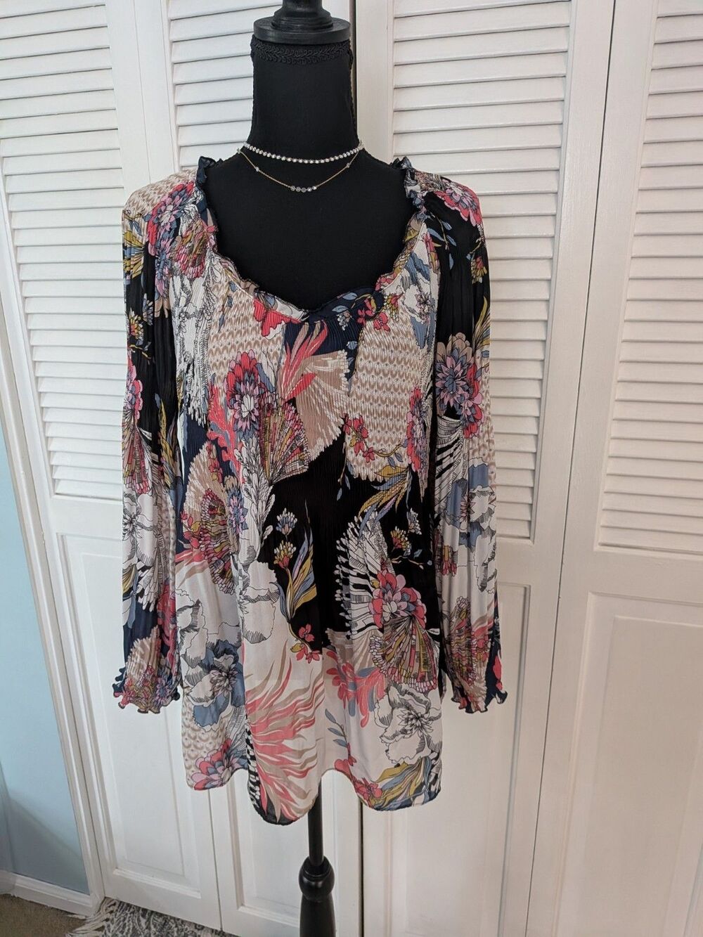 Melissa Paige Top Womens PXL Pleated Chiffon Blouse Multicolor Blue Floral Boho